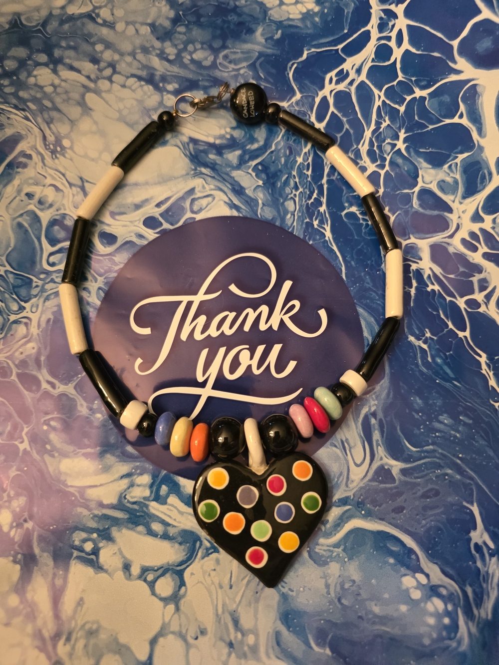 Black Beaded Heart Necklace with Multicolor Dot Accents